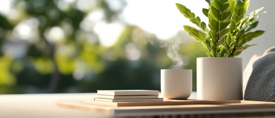 Still Life with Coffee, Books, and Plant on a Sunny Day