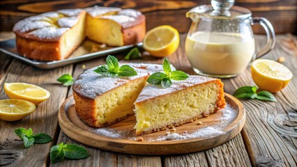 Lemon cake with a delicate dusting of powdered sugar, served with a pitcher of milk and fresh lemons