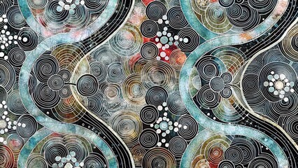 A complex abstract background featuring intricate circular and curved patterns with metallic and watercolor textures, ideal for creative designs.