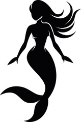 Mermaid Black Silhouette - Minimalistic Vector Illustration of a Mystical Mermaid in Elegant Monochrome Design, Perfect for Logos, Prints, T-Shirts, Stickers, Posters, and Fantasy Art Projects