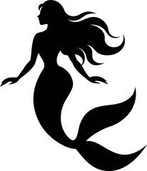 Mermaid Black Silhouette - Minimalistic Vector Illustration of a Mystical Mermaid in Elegant Monochrome Design, Perfect for Logos, Prints, T-Shirts, Stickers, Posters, and Fantasy Art Projects