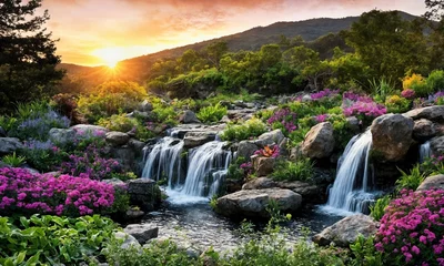 Fototapete Peaceful Morning in a Japanese Garden with a Cascading Waterfall and Reflective Pool – Breathtaking Sunrise Scene © Max