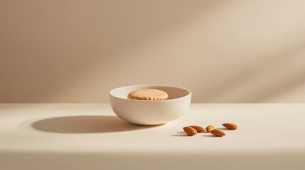 A minimalist still life composition of a single Danish placed inside a delicate porcelain dish, surrounded by a few scattered almonds, set against a matte beige background