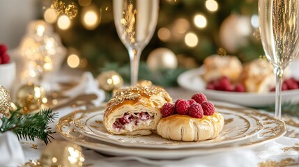 Naklejka premium A New Year’s Day brunch setting with raspberry almond Danishes plated on fine china, surrounded by champagne glasses and festive gold confetti