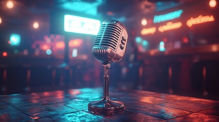 Retro microphone on bar, neon lights, nightlife, performance