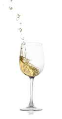Tasty wine splashing in glass on white background