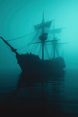 Obraz premium Old ship sailing. Mysterious view sailing in fog. Stock photo for travel, history
