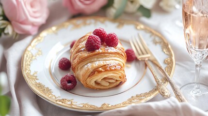A raspberry almond Danish served on fine china with a gold-rimmed plate, accompanied by a glass of sparkling rosé and a silver fork