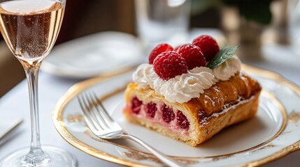 A raspberry almond Danish served on fine china with a gold-rimmed plate, accompanied by a glass of sparkling rosé and a silver fork