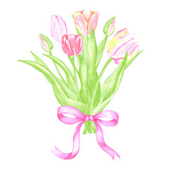 Hand drawn watercolor tulips bouquet with pink bow. Illustration of flowers isolated on white background. Can be used for postcard, label, scrapbook and other printed products.