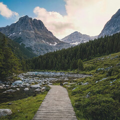 Fototapeta premium picturesque mountain landscape unfolds with wooden path leading to tranquility, inspiring awe and sense of wonder in nature grandeur