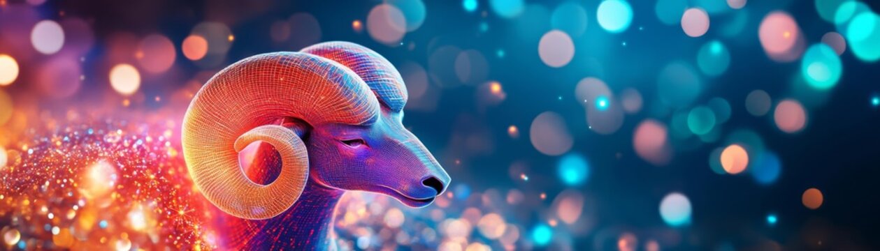 Holographic Aries ram head materializing from shimmering light particles
