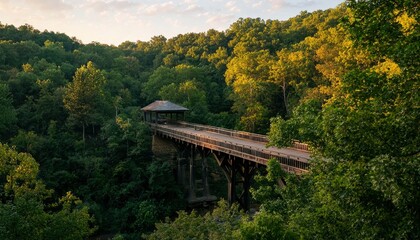 Fototapeta premium Scenic bridge through lush forest at sunset with light filtering through trees
