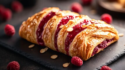 A sleek, modern food photography shot of a raspberry almond Danish, with dramatic lighting emphasizing the crisp texture and glossy raspberry glaze