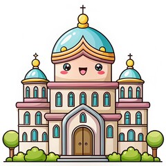Fototapeta premium Happy church cartoon, sunny day, landscaping, children's book illustration