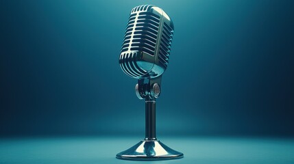 Retro microphone stage, blue background, podcast