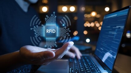 Person holds rfid chip above laptop keyboard in a dark room