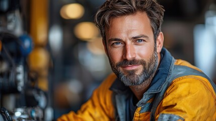 Obraz premium A smiling man in work attire poses confidently in an industrial setting.
