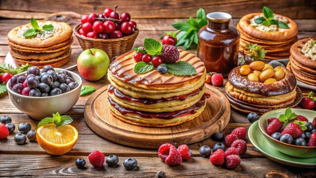 A colorful spread of sweet delights featuring stacked pancakes with jam, berries, and an orange slice on a rustic wooden table