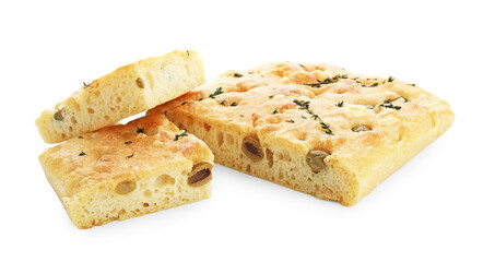 Pieces of delicious focaccia bread with olives and thyme isolated on white