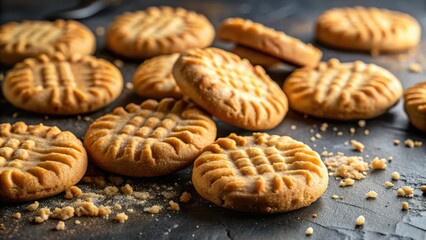 Close-up of golden brown peanut butter cookies with a dusting of sugar crumbs on a dark surface