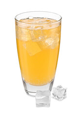 Sweet soda water in glass and ice cubes isolated on white