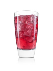 Sweet soda water with ice cubes in glass isolated on white