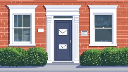 Front facade of a brick building with mailboxes,  suitable for a office or a small business