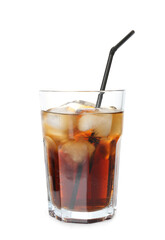 Refreshing cola with ice cubes and drinking straw in glass isolated on white