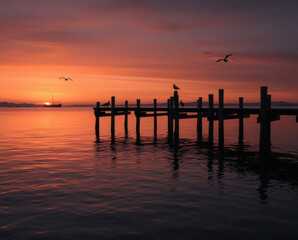 Obraz premium Vibrant sunset casts enchanting hues over serene waters and a rustic dock at twilight