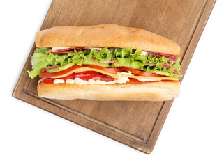 Delicious baguette sandwich with salami and cheese isolated on white, top view