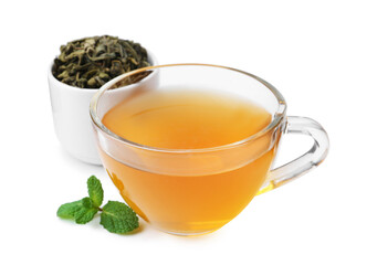 Aromatic mint tea, fresh and dried leaves isolated on white