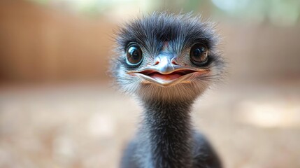 A close-up of a young emu with a curious expression.