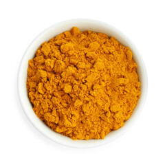 Turmeric powder in bowl isolated on white, top view