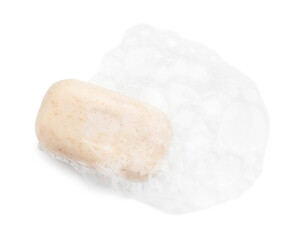 Soap with foam on white background, top view
