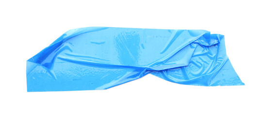 Strip of light blue adhesive tape on white background, top view