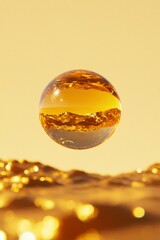 Sphere floats above a golden landscape, reflecting background patterns. Abstract