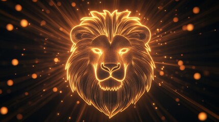 Holographic Leo symbol floating in a cosmic energy field, emitting radiant golden light