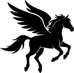 Pegasus Flying Black Silhouette – Minimalist Vector Illustration of a Majestic Winged Horse, Perfect for Logos, Prints, T-Shirts, Stickers, Tattoos, Wall Art, Mythological Designs, and Fantasy Graphic