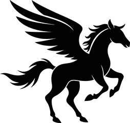 Pegasus Flying Black Silhouette – Minimalist Vector Illustration of a Majestic Winged Horse, Perfect for Logos, Prints, T-Shirts, Stickers, Tattoos, Wall Art, Mythological Designs, and Fantasy Graphic