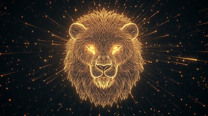 Holographic Leo symbol floating in a cosmic energy field, emitting radiant golden light