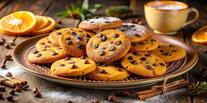A plate piled high with golden-brown chocolate chip cookies, dusted with powdered sugar, and nestled amongst cinnamon sticks and orange slices on a rustic wooden table. - Powered by Adobe