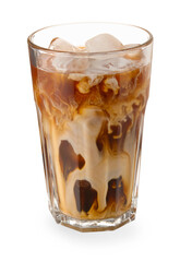 Refreshing iced coffee with milk in glass isolated on white