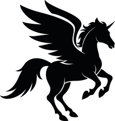Pegasus Flying Black Silhouette – Minimalist Vector Illustration of a Majestic Winged Horse, Perfect for Logos, Prints, T-Shirts, Stickers, Tattoos, Wall Art, Mythological Designs, and Fantasy Graphic