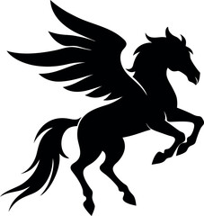 Pegasus Flying Black Silhouette – Minimalist Vector Illustration of a Majestic Winged Horse, Perfect for Logos, Prints, T-Shirts, Stickers, Tattoos, Wall Art, Mythological Designs, and Fantasy Graphic