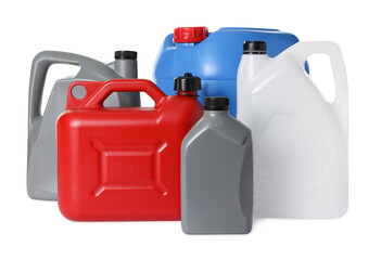 Many different plastic canisters isolated on white