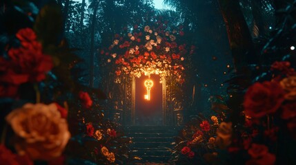 Fototapeta premium Glowing key behind floral gate in jungle. Fantasy and mystery theme