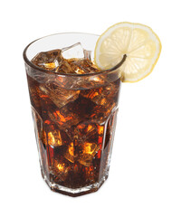 Refreshing cola with ice cubes and slice of lemon in glass isolated on white