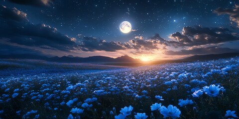 Fototapeta premium Blue Flower Field Night Landscape Moonlit Sunset
