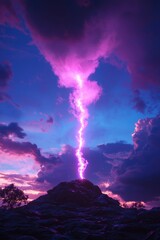 Lightning strikes mountain during twilight as power surges for energy illustration